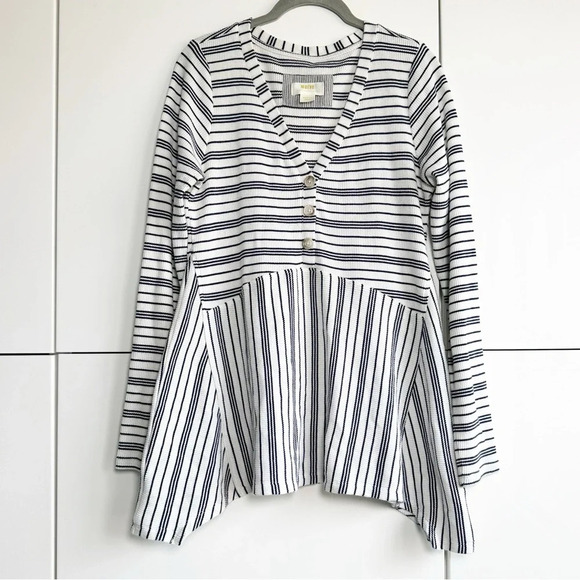 Maeve by Anthropologie Eliza Henley Striped Tunic Top Cream Black Size Medium - Picture 1 of 8